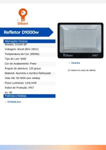 Refletor D1000W led 6500k para aréas abertas e fechadas